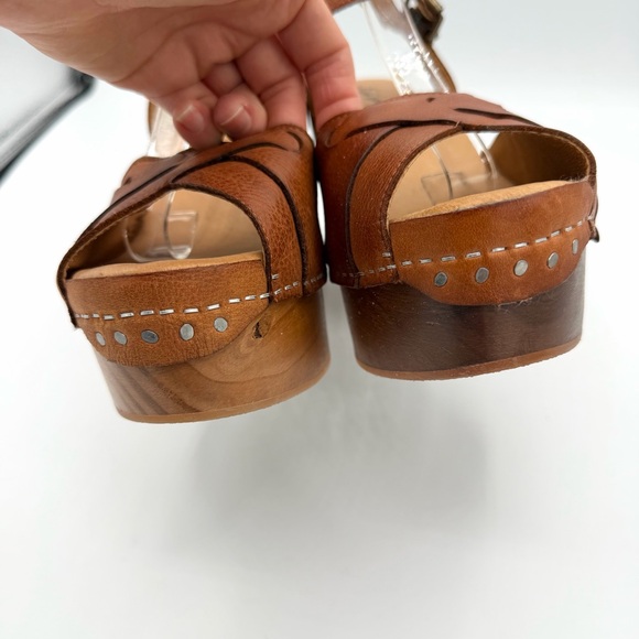 Orion Woven Clogs Teak Tan Platform Sandals wood base leather upper - Picture 5 of 9